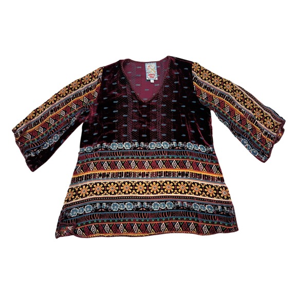 Johnny Was Tops - Johnny Was Velvet Burnout Tunic Top Boho Embroidered Bell Sleeve XS